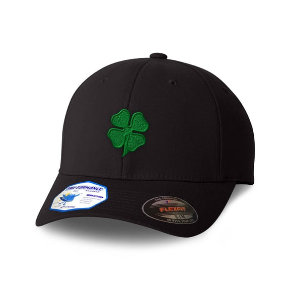 Four Leaf Shamrock Clover Irish Ireland St Patricks Patty Flexfit Adult Pro-Formance Branded Hat Black Large/X-Large