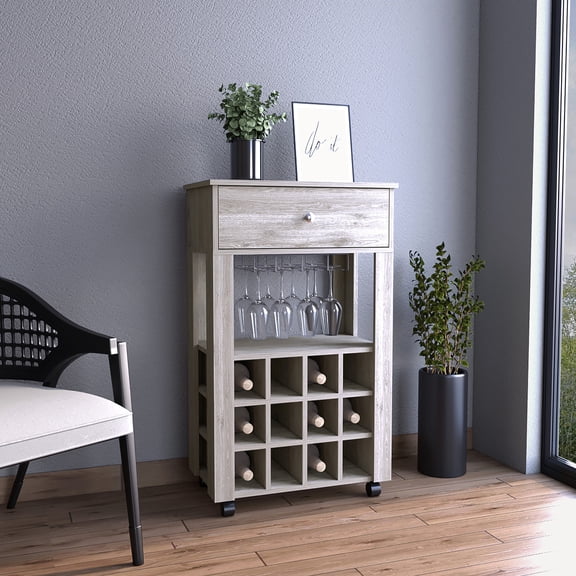 Mobile Gray Bar Cart with 12 Wine Racks 8-Glass Stemware Rack and Spacious Drawer for Indoor Bar