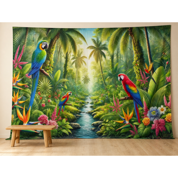 Four Macaws Tropical Rainforest Stream Photography Backdrop