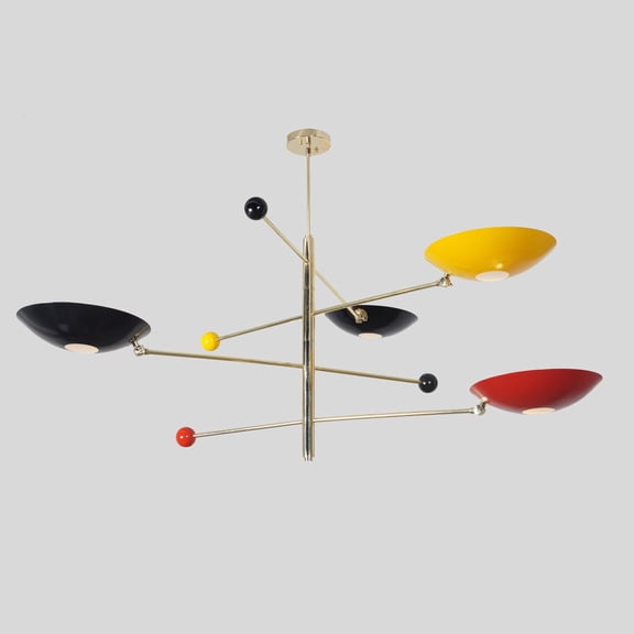 Four Multi Color Disk Shade Pendant Mid Century Brass Sputnik chandelier light Fixture