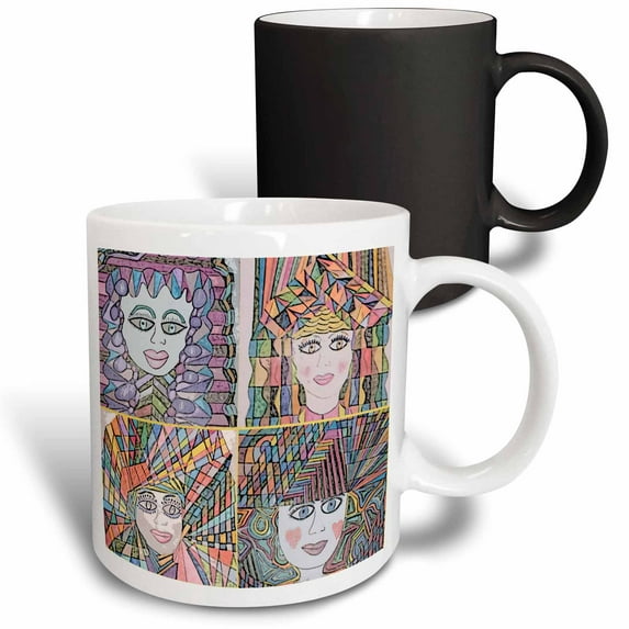 3drose, Four of Jos Faux Dolls on One Page Girls with Colorful Hair, 11oz Magic Transforming Mug