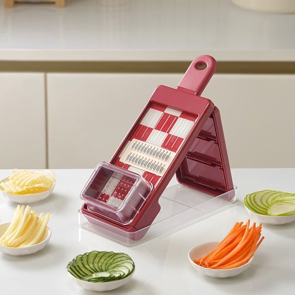 Four In One Multifunctional Vegetable Cutter,Plastic Kitchen Slicer and Shredder,Food Grade Material,Safe Transparent Handle,Ideal for Cutting Radish,Potatoes,Cucumbers,Easy to Use and Clean Red