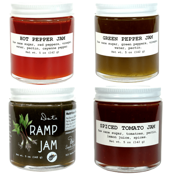 Four Pack Savory Jam & Jelly Collection - Ramp, Spiced Tomato, Green Pepper, & Hot Pepper by Smoke Camp Crafts - 4-pack 5 oz Jars