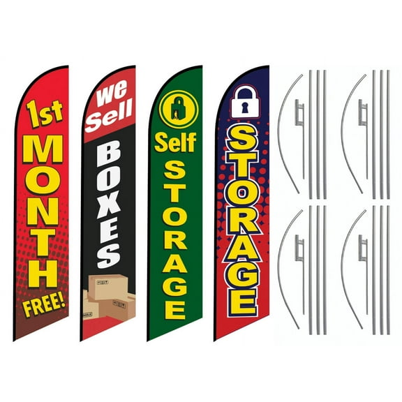 Four Pack of Self Storage Advertising Package, 1st Month Free, We Sell boxes, Self Storage, Storage, Feather Banner Swooper Flag Kits with Spikes