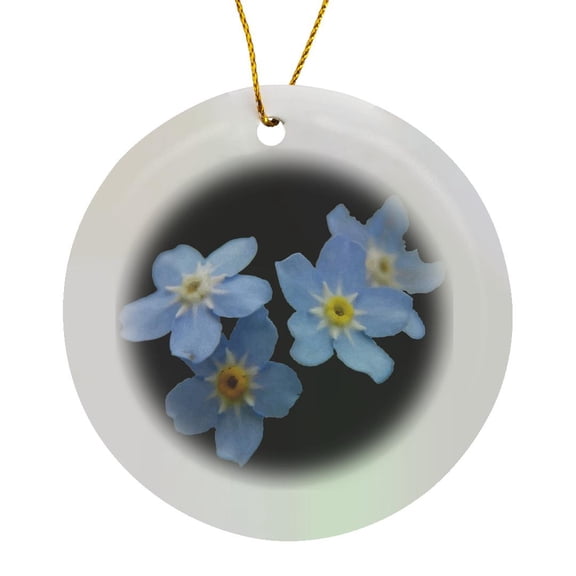 3drose, Four Pale Blue Forget Me Nots Remembrance Flowers Isolated on Black, Circle Porcelain Ornament