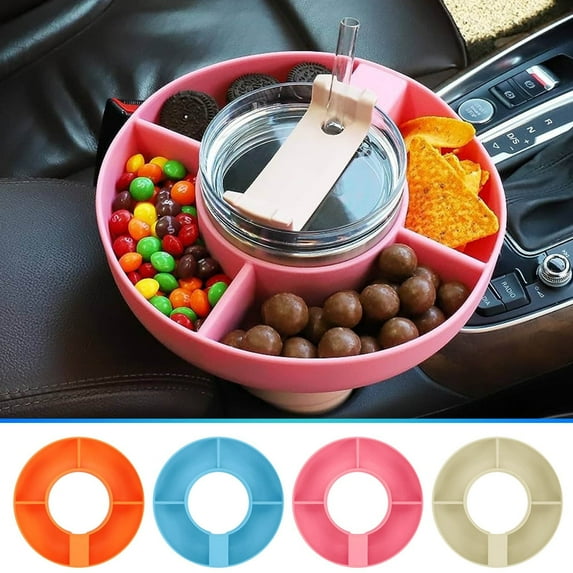 Four Partition Reusable Snack Platter with Cup Holder, Portable Travel Food Tray, Multifunctional Fast and Convenient Serving Platter for Snacks, 20.5x20.5x5cm