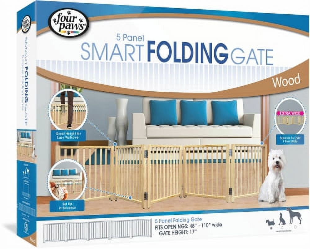Four Paws 5 Panel Smart Folding Wood Pet Gate Extra Wide