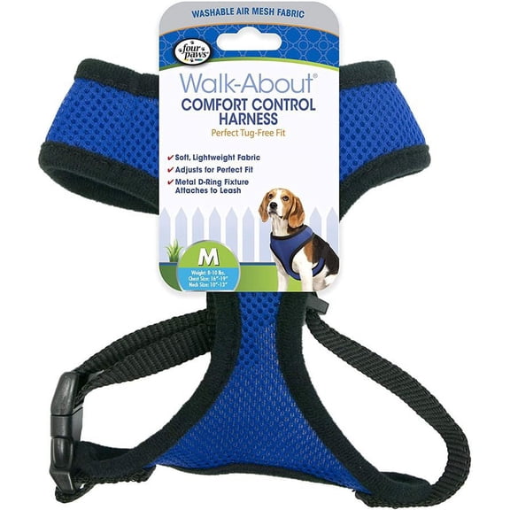 Four Paws Comfort Control Harness - Blue [Dog, Harnesses Nylon Standard] Medium - For Dogs 7-10 lbs (16"-19" Chest & 10"-13" Neck)