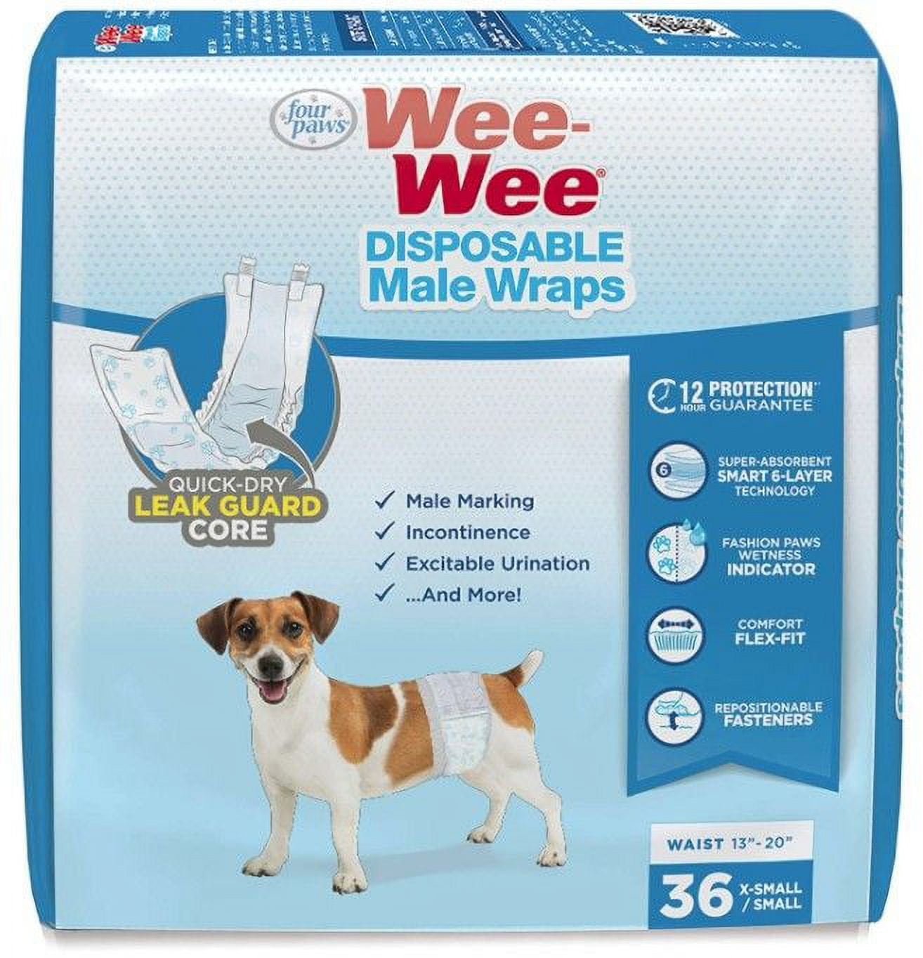 Four Paws Wee Wee Disposable Male Dog Wraps X-Small/Small [Dog, Sanitary Pants & Pads] 36 count