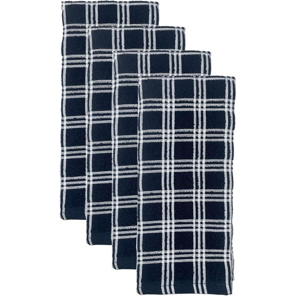 Four Pcs Windowpane 100% Cotton Terry Kitchen Towels 425 GSM, Hanging Loop, Soft and Highly Absorbent, Machine Washable Size: 15 x 25 Inch.