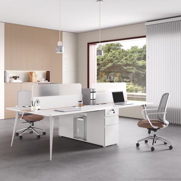 Four-Person Collaborative Workstation Computer Desks, with 56 in x 198 in, White & Natural