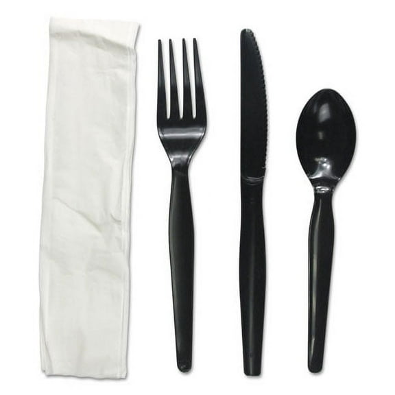 Four-Piece Cutlery Kit, Fork/knife/napkin/teaspoon, Black, 250/carton | Bundle of 2 Cartons