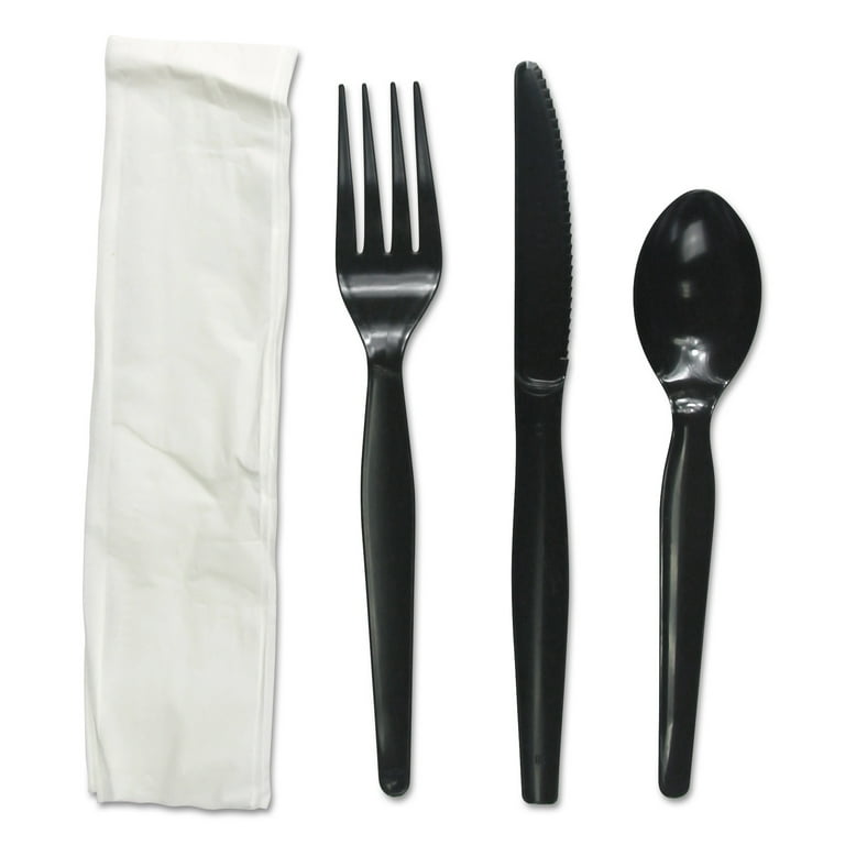 Four-Piece Cutlery Kit, Fork/Knife/Napkin/Teaspoon, Black, 250/Carton Four-Piece Cutlery Kit, Fork/Knife/Napkin/Teaspoon, Black, 250/Carton