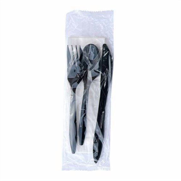 Four-Piece Cutlery Kit, Mediumweight, Fork/Knife/Napkin/Spoon, Plastic, 6.38", Black, 250/Carton | Bundle of 10