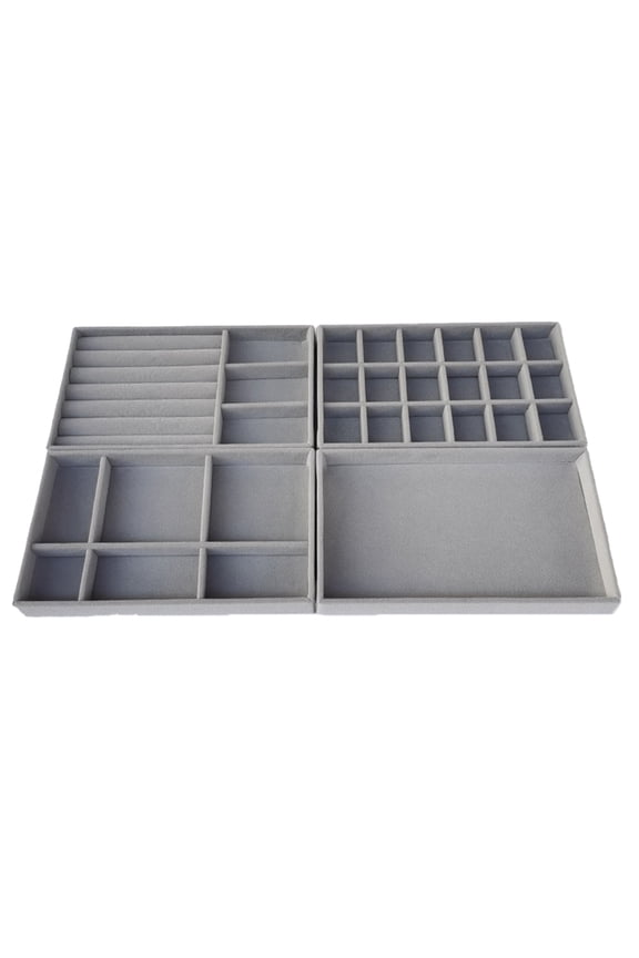 Four-Piece Jewellery Box, Flocked Fabric Jewellery Tray - Grey