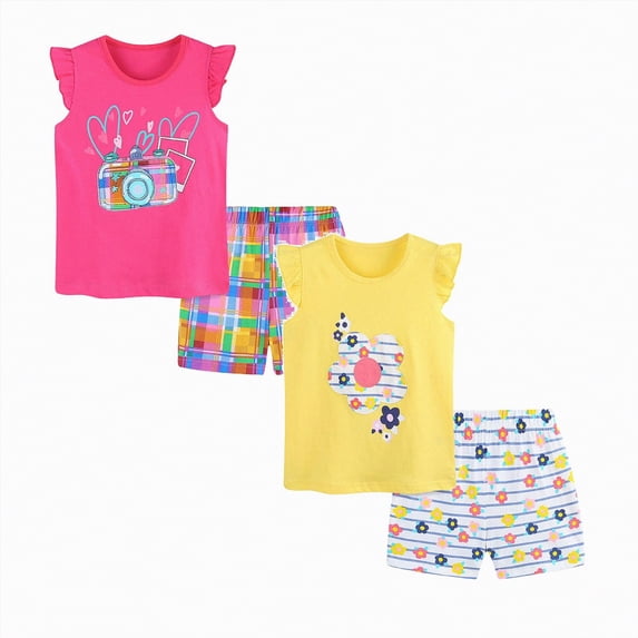 Four Piece Outfits Girls 5T Girls Yellow and Turquoise Tops and Printed Ruffle Shorts Set, Toddler Girls, Size 3T, 4-PCS
