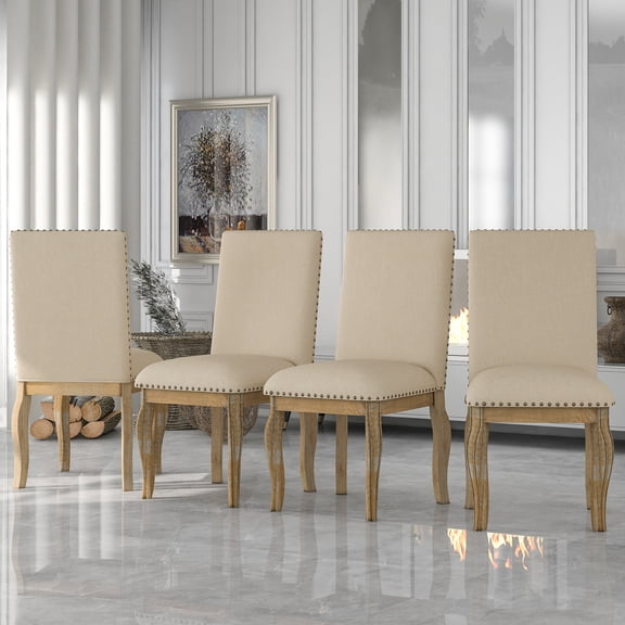 Four - Piece Upholstered Dining Chair Set | Enhance Dining Room Aesthetics | Rubber Wood Construction with Nailhead | Curved Back for Back Relaxation