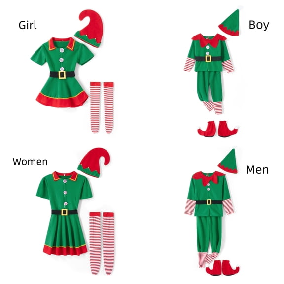 Four Pieces Christmas Family Cosplay Dress Elf Costume for Parents and Child with Hat Belt Socks