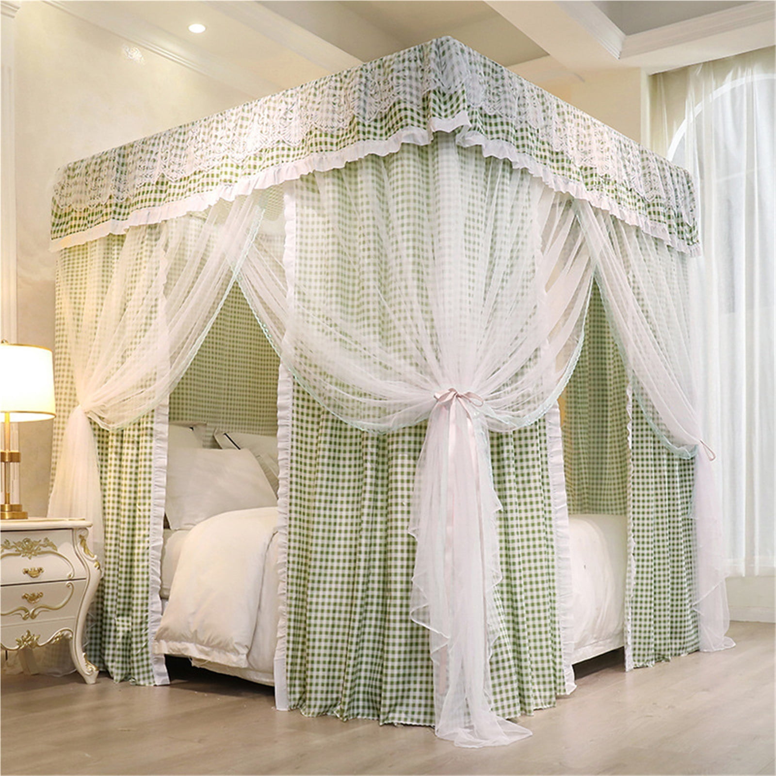 Four Poster Bed Canopy with Blackout Curtain & Double Layer Mosquito Net, Bedroom Decor, Dustproof Windproof Bed Screen with Stable Bracket