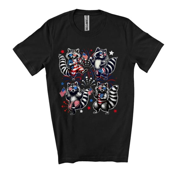 Four Raccoons with American Flag; Amazing 4th of July US Flag Raccoon; Patriotic Unisex T-Shirt