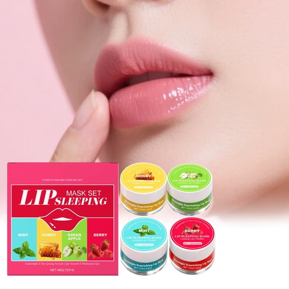 Four Repair Sleep Lip Mask Set, Moisturizing Lip Care, Dimming Lip Lines, Gentle Exfoliation, Overnight Lip Treatment, Daytime Hydration, 12g x4 + Brush, Gift for Her, Lip Care Kit, Dry Lips Relief
