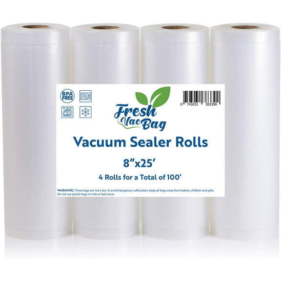 Four Rolls of 8"x25' Food Saver Vacuum Sealer Rolls Freezer Bags Rolls for Seal a Meal,Food Saver Vacuum Sealer Fits Inside Storage Area Sous Vide Vacuum, Cut to Request Size Roll
