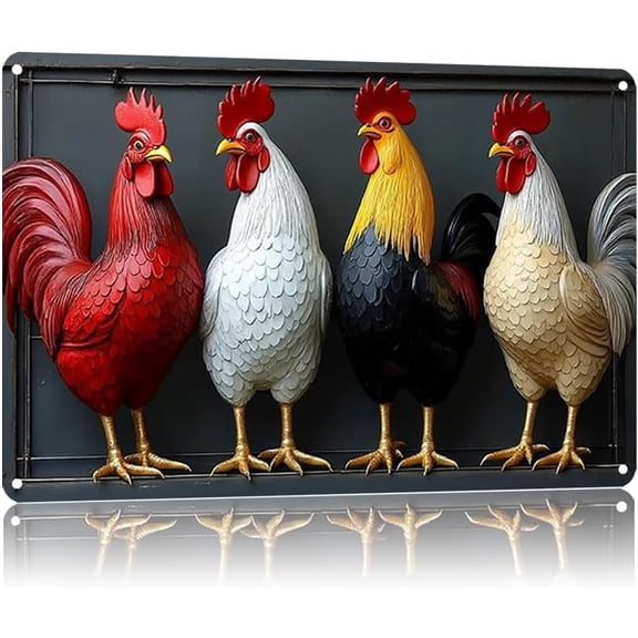 Four Rooster Metal Tin Sign - 8x12 Printed Rustic Tin Signs, Rooster Decor