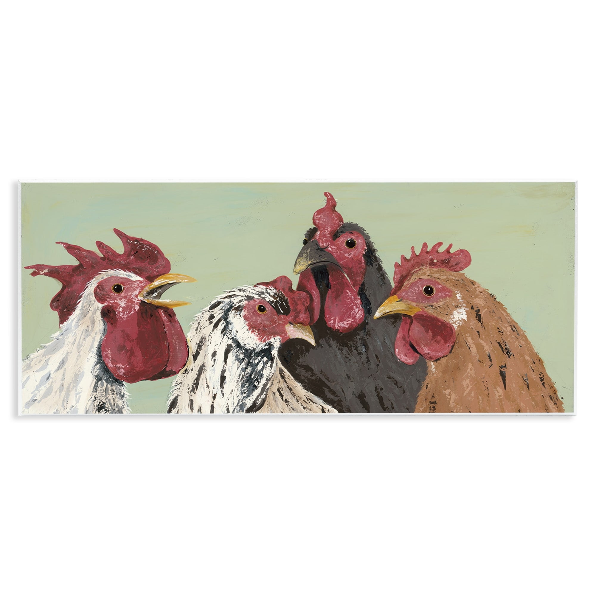Four Roosters Clucking Farm Birds Green Framed Wood Wall Art