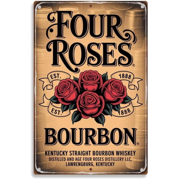 Four Roses Bourbon Whiskey Vintage Metal Sign Kentucky Straight Bourbon Whiskey Distillery Tin Sign Print Aesthetic Room Decoration for Home Bedroom Dorm Bathroom Wall Decor 8 x 12 Inch