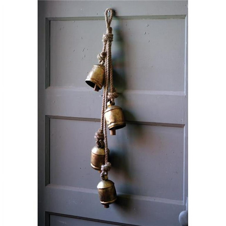 Four Rustic Iron Hanging Bells With Rope Gold 