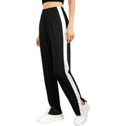 Four Seasons Casual Women's Side Stripes Slit Bottom Stretch High-Waisted Pants Straight Pants Track Pants
