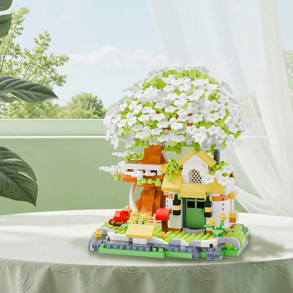 Four Seasons Cherry Blossom Tree House Building Blocks Kit, DIY Model with Crystal Flower Bricks, Elegant Home Desktop Decoration, Creative Gift Toy for All Ages