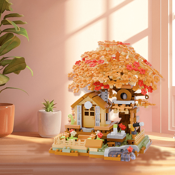 Four Seasons Cherry Blossom Tree House Micro Building Blocks Kit, DIY Assembly Model with Crystal Transparent Flowers, Elegant Desktop Home Ornament, Creative Gift Toy for All Ages