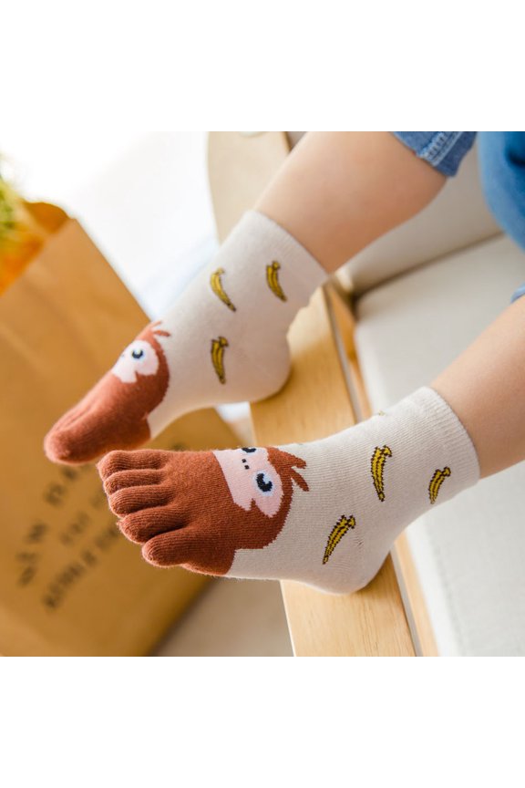 Four Seasons Children's Cotton Five-finger Socks for Boys and Girls Baby Cartoon Embroidered Animal Cotton Toe Socks 3-7-12 Years Old-Monkeys eat bananas-7-12 years old