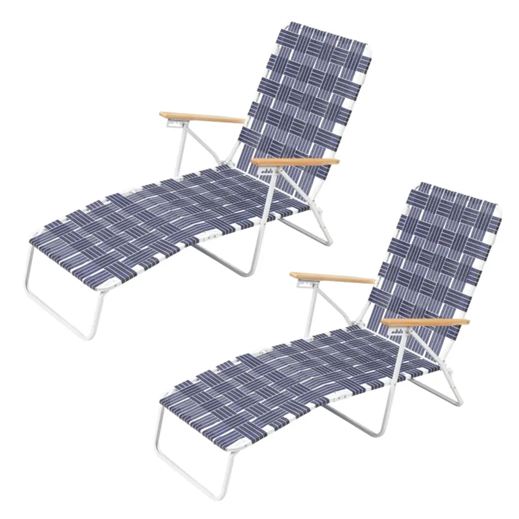 Blue and White Steel Frame Folding Chaise Lounge Chairs with Fixed Arms, 2 Pack