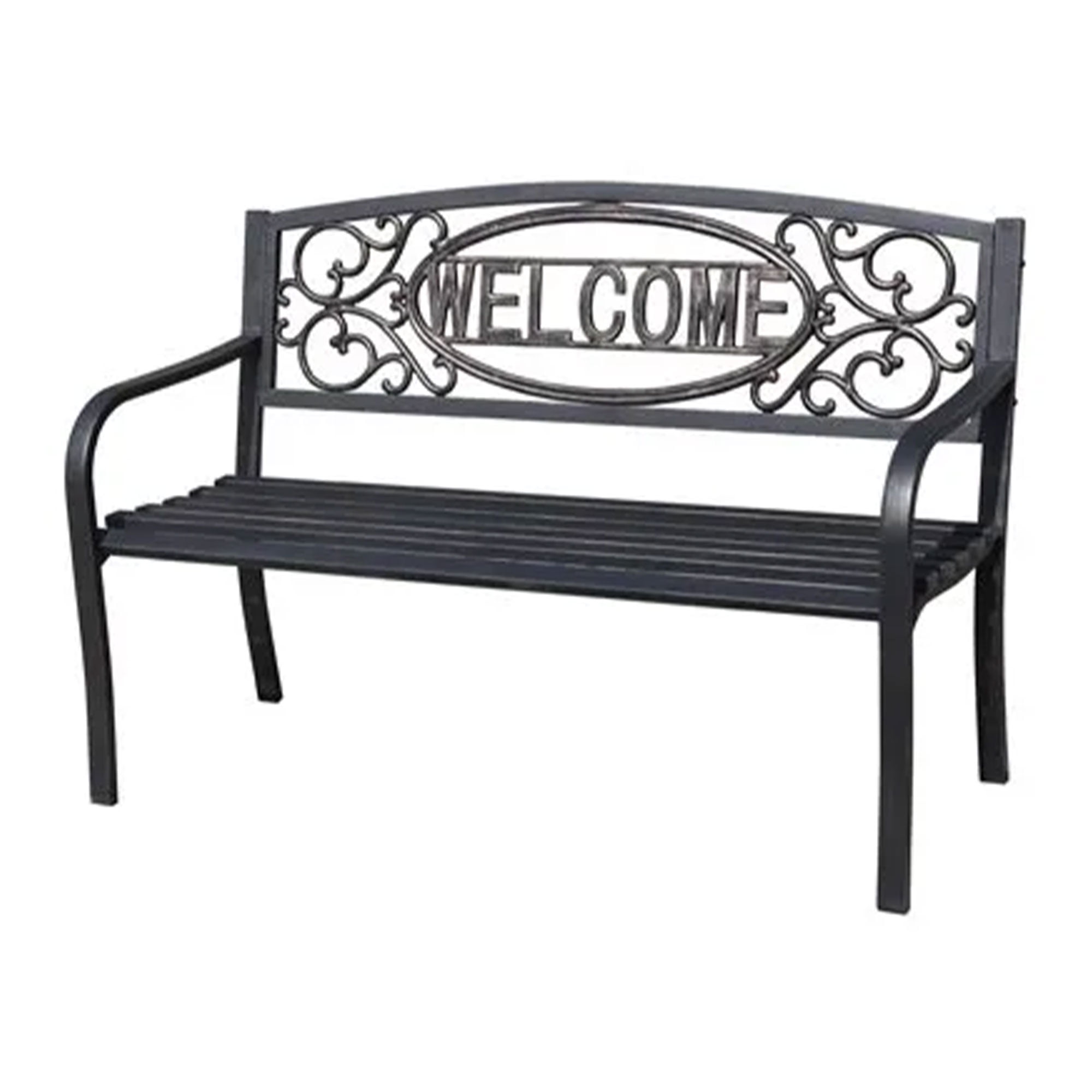 Welcome Black Powder Coated Steel Outdoor Park Bench