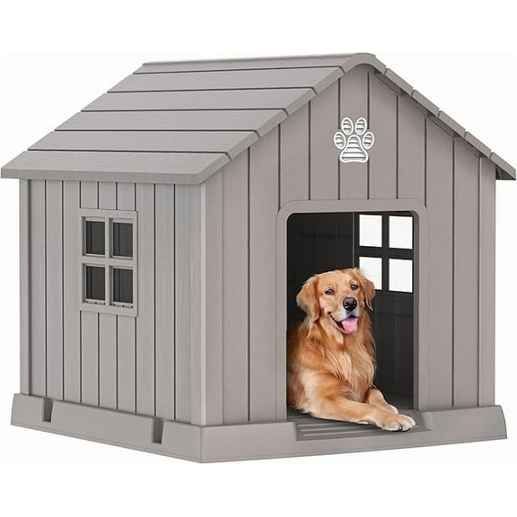 Decksplore 38 Inch Indoor Outdoor Dog House for All Dogs, Elevated Floor, Easy Assemble, Anchoring Stakes,HDPE Material Water-Resistant, Gray, Shelter
