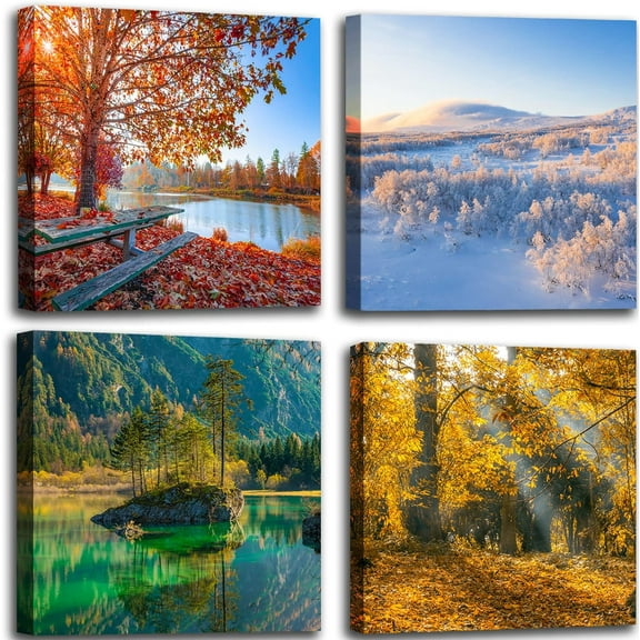 Four Seasons Landscape Canvas Wall Art Decor - Spring Summer Autumn Winter Colorful Tree Painting Modern Nature Forest Prints Artwork Picture for Bathroom Office Decoration 16"x16"x4 Panels