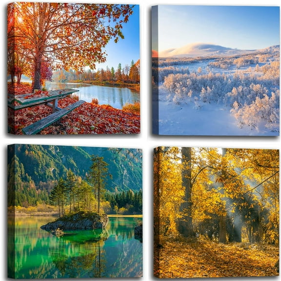 Four Seasons Landscape Canvas Wall Art Decor - Spring Summer Autumn Winter Colorful Tree Painting Modern Nature Forest Prints Artwork Picture for Bathroom Office Decoration