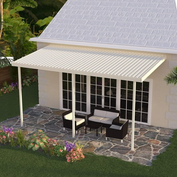 Four Seasons OLS TWV Series 14 ft wide x 14 ft deep Aluminum Patio Cover with 10lb Snowload & 3 Posts in Ivory
