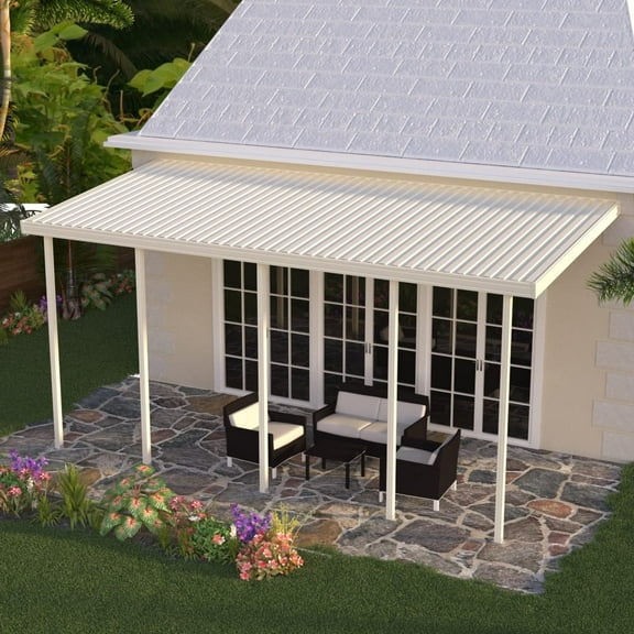 Four Seasons OLS TWV Series 30 ft wide x 14 ft deep Aluminum Patio Cover with 10lb Snowload & 5 Posts in Ivory