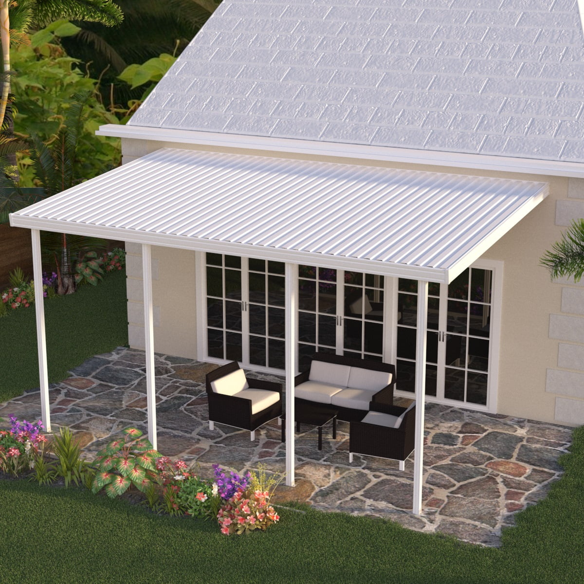 Four Seasons OLS TWV Series 34 ft wide x 8 ft deep Aluminum Patio Cover with 10lb Snowload & 4 Posts in White