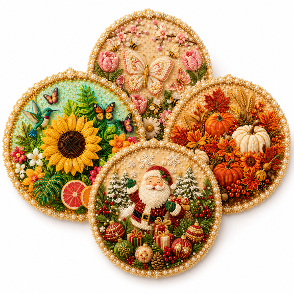 Four Seasons Pearl Art Wreath Kit for Adults Beginners, DIY Beaded Hanging Ornament Craft for Spring Summer Fall Christmas, Handmade Seasonal Home Wall Decoration