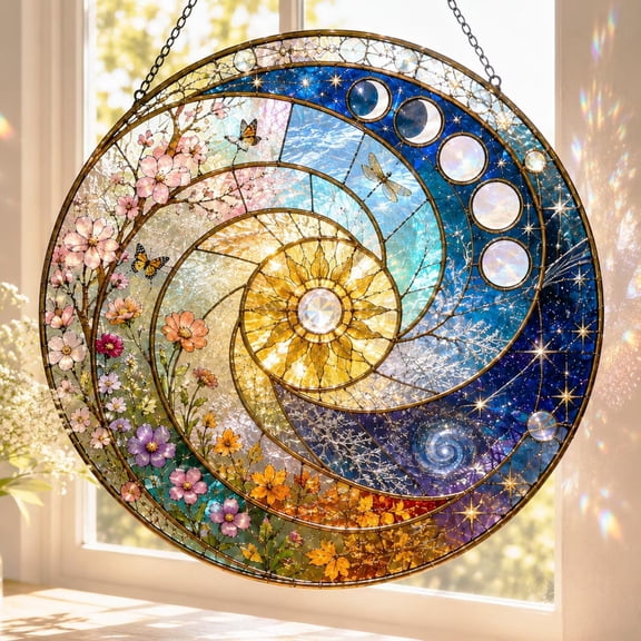 Four Seasons Stained Glass Suncatcher, Sun Moon Phases Floral Rainbow Window Hanging Decor (3.94")