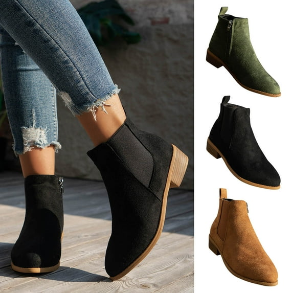 Four Seasons Thick Heel Low Heel Solid Color Low Top Side Zipper Hooded Women's Short Boots Black qILAKOG Size 7.5