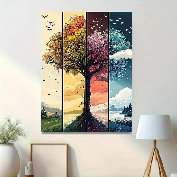 Four Seasons Tree Canvas Art with Wooden Frame - Vertical Wall Decoration, Autumn, Winter, Spring, and Summer Scenes - Perfect for Living Room, Bedroom, or Home Office