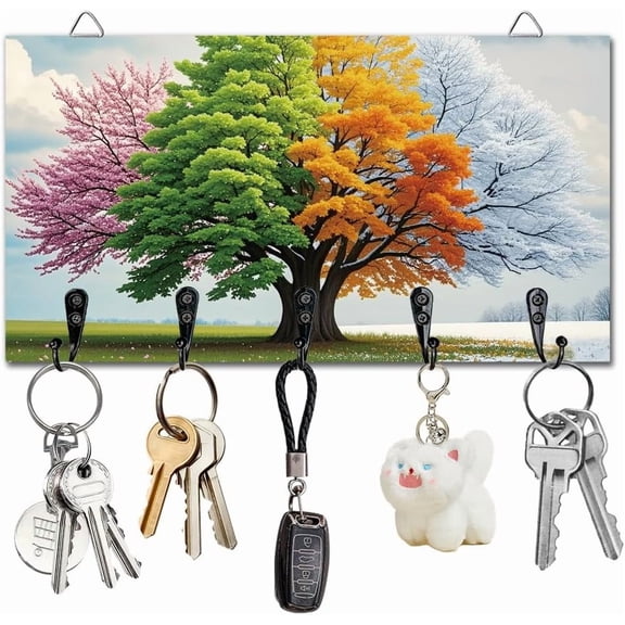 Four Seasons Tree Key Holder Key Hooks Wall Mounted Wooden Key Racks with 5 Hooks Key Storage Organizer House Key Hanger for DIY Wall Decor Door Entryway Hallway Kitchen New Home Gift