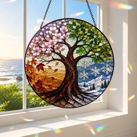 Tree Deocrations Four Seasons Tree of Life Nature Stained Glass Window Hanging Decor ...