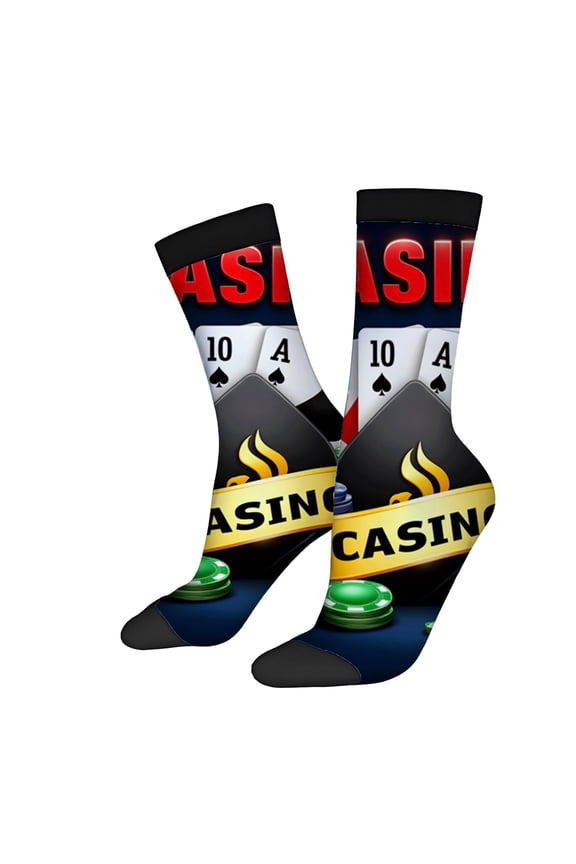 Four Seasons Universal Casino Socks - 2 Pairs Unisex Trendy Design with Playing Cards Chips & Flame Graphics Mixed Colors