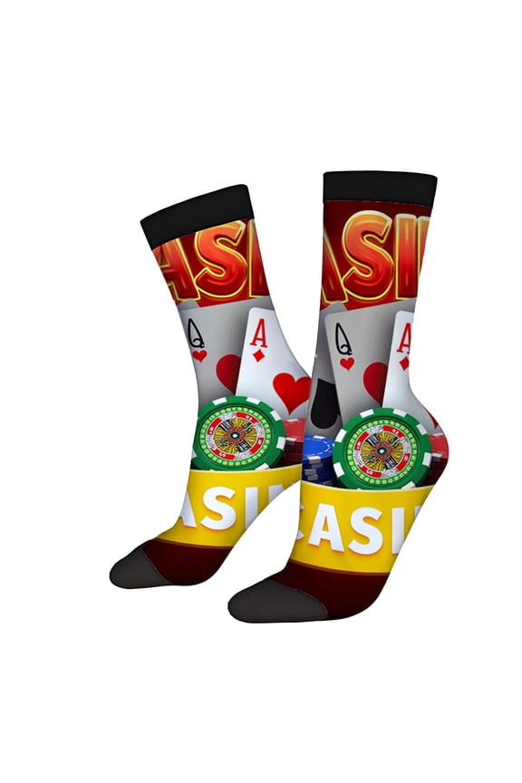 Four Seasons Universal Casino Socks - 2 Pairs Vibrant Playing Cards & Roulette Wheel Design Unisex Trendy Mixed Color Socks